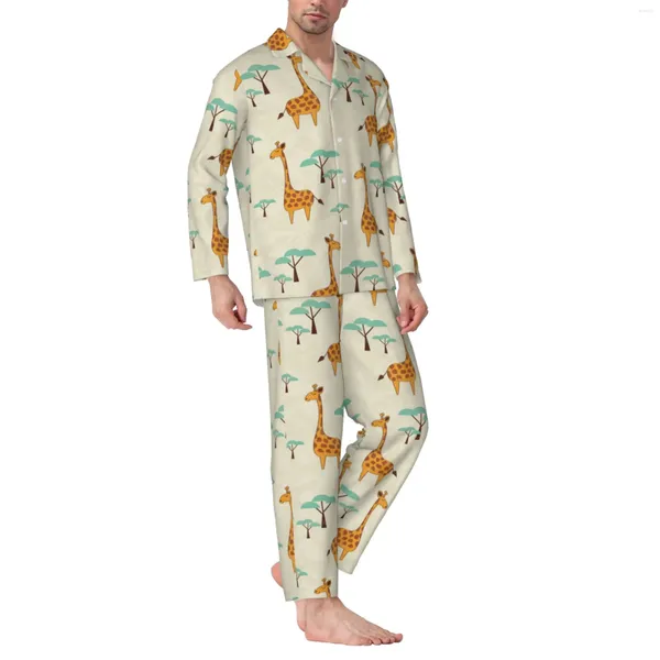 Chándales para hombre Conjunto de pijama de manga larga con estampado de árboles de jirafas y pantalones de franela de algodón para hombre y manga larga