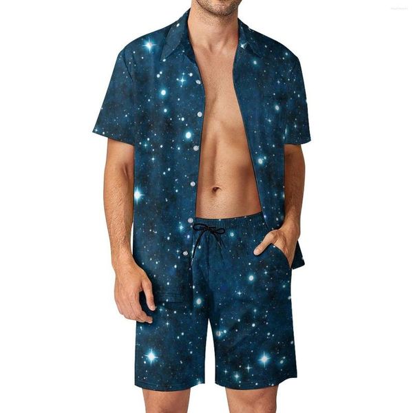 Costumes pour hommes Glitter Galaxy Hommes Ensembles Blue Sparkle Stars Casual Shorts Summer Fashion Beach Shirt Set à manches courtes Costume personnalisé Anniversaire