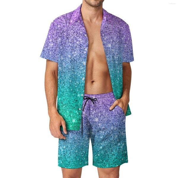 Survêtements pour hommes paillettes imprimer hommes ensembles violet et vert Shorts décontractés plage chemise ensemble Cool costume personnalisé à manches courtes surdimensionné