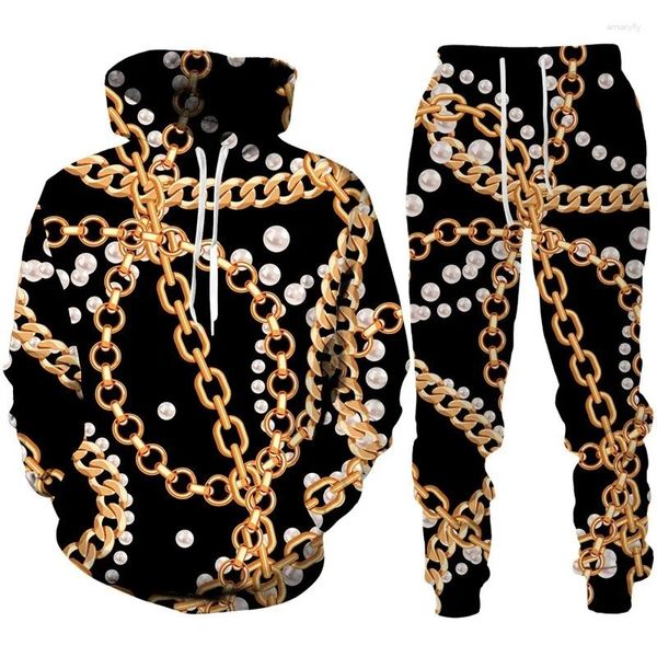 Survêtements pour hommes Gold Chain Survêtement 2 pièces Ensemble Pantalon Ensembles 3D Costume de rue imprimé surdimensionné Sportswear Hipster Mode Pull