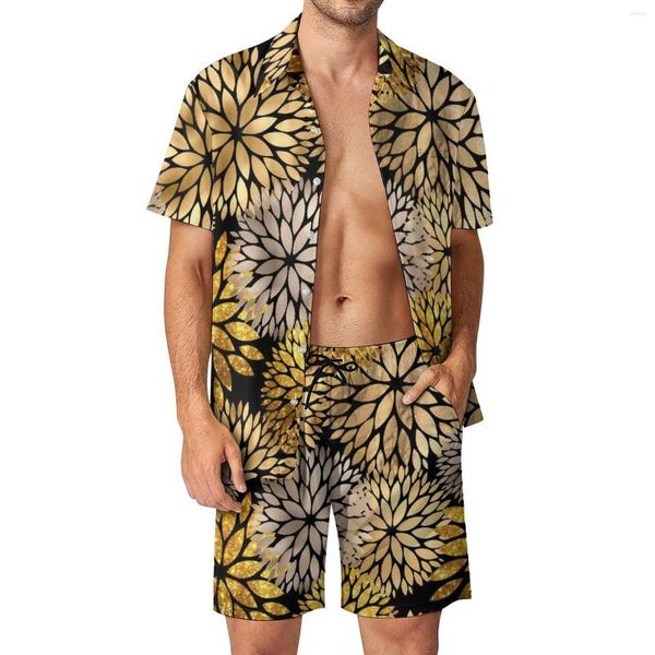 Survêtements pour hommes imprimé floral doré ensembles pour hommes fleurs modernes Hawaii chemise décontractée ensemble à manches courtes motif Shorts costume de vacances d'été plus