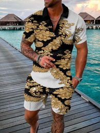 Tute da uomo Motivo con stampa oro Polo casual estivo Set Street Fashion Trend Cerniera 3D T-shirt manica corta Pantaloncini Abito a due pezzi
