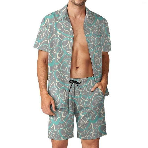 Chándales de hombre Gris Retro Mod Hombres Conjuntos Bucles Patrón geométrico Hawaii Camisa casual Conjunto Mangas cortas Pantalones cortos personalizados Traje de playa de verano Grande