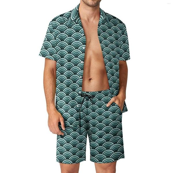 Survêtements pour hommes Vert Bleu Seigaiha Hommes Ensembles Traditionnel Japon Short Décontracté Beachwear Chemise Ensemble Été Hawaii Costume À Manches Courtes Surdimensionné