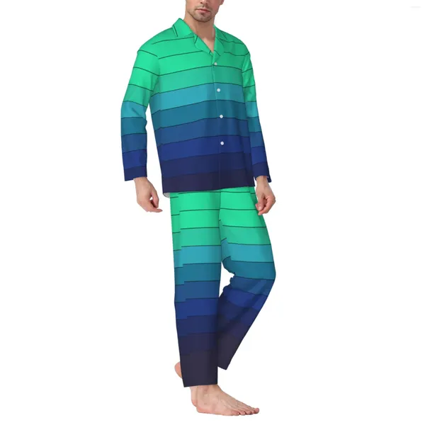 Survêtements pour hommes Vert à Bleu Couleur Changement progressif Pyjama à manches longues avec pantalon en flanelle de coton et manches longues