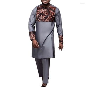 Survêtements pour hommes gris ensembles pour hommes nigérian mode Patchwork chemise avec pantalon solide hommes longs hauts pantalon droit afrique vêtements