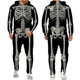 Heren Trainingspakken Halloweeen Cosplay Skelet Splanchna 3D All-over Print Rits Heren Hoodie Broek 2 Stuks Set Streetwear 233L