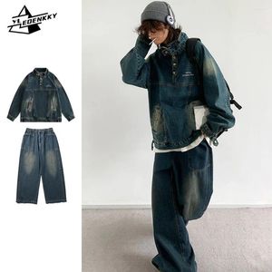 Chándales para hombres Harajuku Denim Set Hombres Mujeres Cuello alto Chaqueta de vaquero suelta Hip-Hop Cargo Jersey Abrigo Abrigo de pierna recta Jeans casuales de gran tamaño