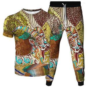 Mannen Trainingspakken Harajuku Stijl Mannen Vrouwen Trainingspak Pak Totem Veer Dier Schapen Bull Head Print Kleding Mannelijke T-shirt Broek 2Pc