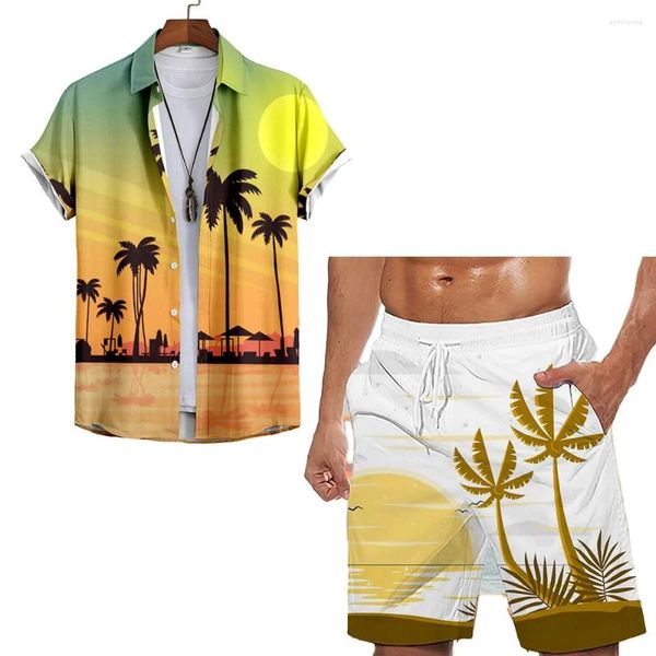 Survêtements pour hommes Collection Hawaii Style de plage 2pcs Ensemble hommes avec impression 3D de noix de coco Impression d'été Col de costume à manches courtes Pantalon homme
