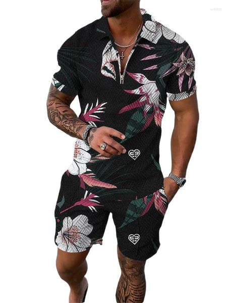 Trajes para hombres Hawaii camiseta pantalones cortos traje casual moda impresión media cremallera solapa manga corta polo desgaste hombres ropa de verano conjunto