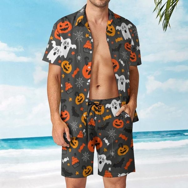 Chándales para hombres Impresión 3D hawaiana Calabaza Fantasma Camisa de manga corta Pantalones cortos Playa Conjunto de dos piezas de alta calidad