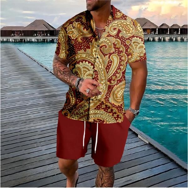 Suisses de survêtement masculines Chemises de bouton de bandanna Hawaiian Shorts en jersey sets d'été multicolore de plage décontractée Hipster Streetwear Tracksuit Men Vêtements