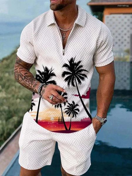 Parcours masculins Hawaiian Coconut Tree 3D PREST PLACE POLO POLO Shorts sets Fashion Short à manches courtes Pantalon Set Suits masculins Vêtements