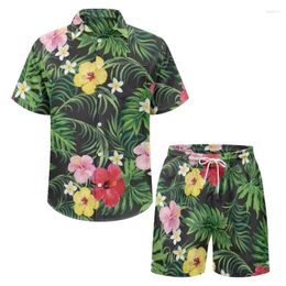 Fatos masculinos havaianos flores impressão terno define homens verão causal manga camisa shorts duas peças masculino casual tamanho S-3XL