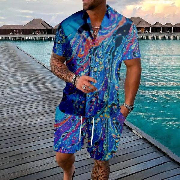 Suisses à parcours masculines Hawaiian Fluid Art Button Shirts Shorts Sets Summer Multicolor Casual Beach Hipster Fashion Streetwear Tracksuit Hommes