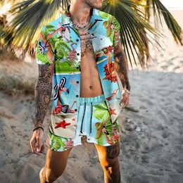 Survêtements pour hommes Hawaiian Hommes Cardigan 2pcs Ensembles Été 3D Imprimer Chemises à manches courtes Boutons de plage Shorts de vacances Quotidien Deux pièces Costume