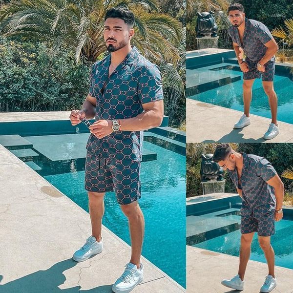 Chándales para hombre, traje de camisa con letras estampadas hawaianas, moda de verano 2022, pantalones cortos de playa de manga corta, conjunto informal de 2 piezas de secado rápido