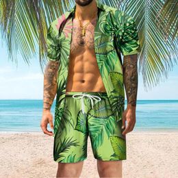 Conjunto de chándales para hombre, conjunto de camisa hawaiana, ropa de playa de verano, pantalones cortos cardigan con estampado de hojas, conjuntos sueltos de 2 piezas para hombre, conjuntos para hombre 2023