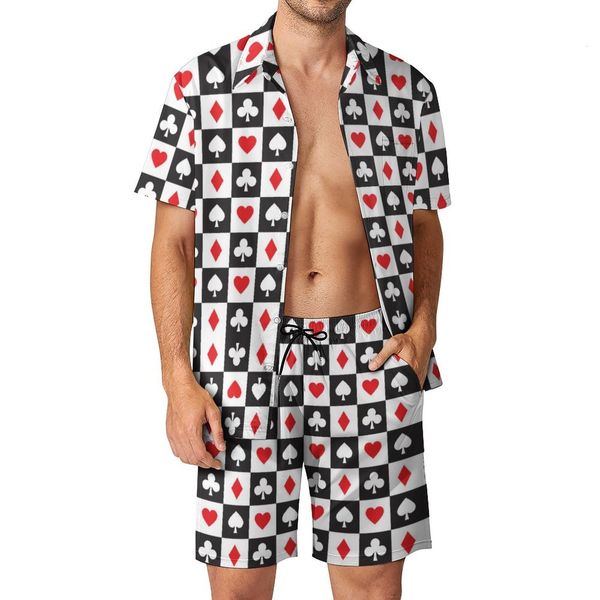 Chándales para hombres Juego de cartas de corazón Playa Conjuntos para hombres Poker Camisa casual Conjunto Pantalones cortos impresos de verano Traje de moda de 2 piezas Tallas grandes 2XL 3XL 230909