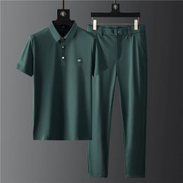 Survêtements pour hommes haut de gamme costume de revers été affaires soyeux mince manches courtes loisirs sport deux pièces hommes ensemble coréen 230428