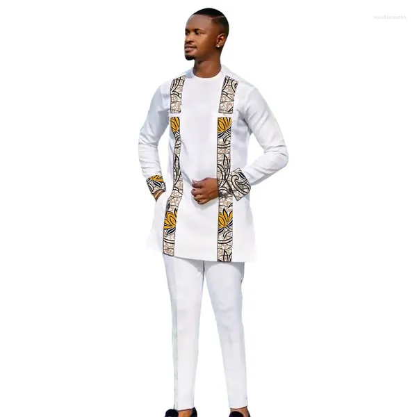 Chándales para hombre, conjuntos de ropa de calle blanca de alta calidad, camisa de retazos, Tops con cuello redondo, pantalones de cintura elástica, trajes nigerianos para hombre