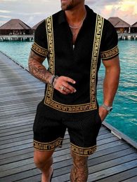 Tracksuits voor heren Hoge Quty Fashion Summer Luxury Mens Casual Polot T-shirt Set Oversized Trend Striped Print Color Matching Beach Style Doek T240507