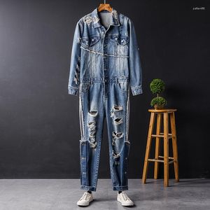 Heren tracksuits high street heren denim jumpsuit streetwear gat gescheurde jeans overalls hiphop vracht vrachtbroek mannelijk