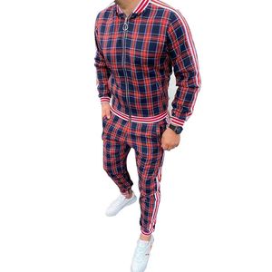 High Street Men Tracksuits Zipper Jacket Checkered Track Suit Sportsuits Long Sleeve Stripe Coat+Pants Casual Sportswear