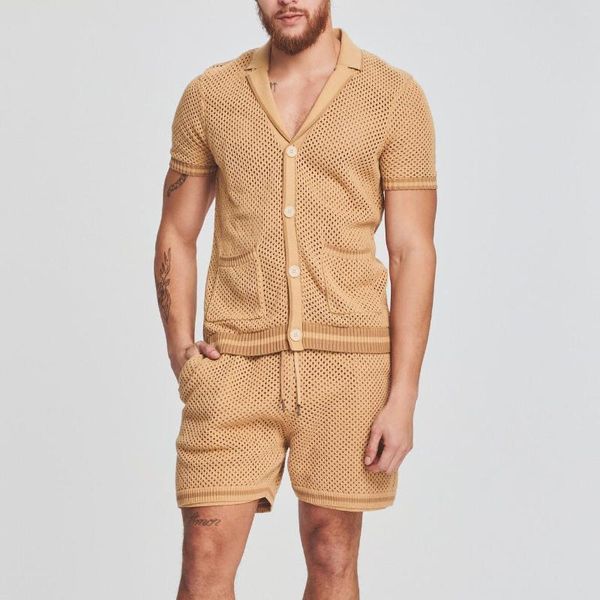 Survêtements pour hommes Hip Hop Sexy Tricots CreuxCostumes Manches Courtes Col Polo Chemises Tops Shorts Deux Pièces Ensemble Pour Hommes Vêtements Tenues De Plage