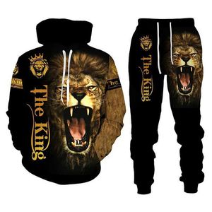 Tracksuits voor herenhoodhoop heren sportpak Lion King Animal 3d geprinte sweatshirt broek Man Sweater Sportswear Herfst en winter Long Slve Suit T240505