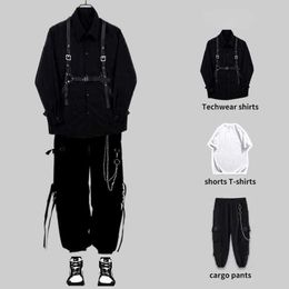 Chándales de hombre HOUZHOU Techwear Conjuntos de hombre Punk Pantalones cargo negros Camisa de hombre Camisas de manga larga Ropa de calle coreana Hip Hop Harajuku Primavera G220927