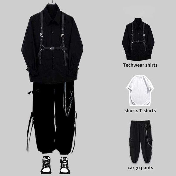 Survêtements pour hommes HOUZHOU Techwear Ensembles pour hommes Punk Black Cargo Pants Kit de chemises pour hommes Chemises à manches longues Coréen Streetwear Hip Hop Harajuku Printemps G220927