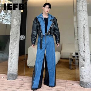 Survêtements pour hommes IEFB Fashion Set Niche Design Deux pièces Patchwork Costume Denim Cuir Épissé Veste Courte Pantalon Droit 2024 9C2562