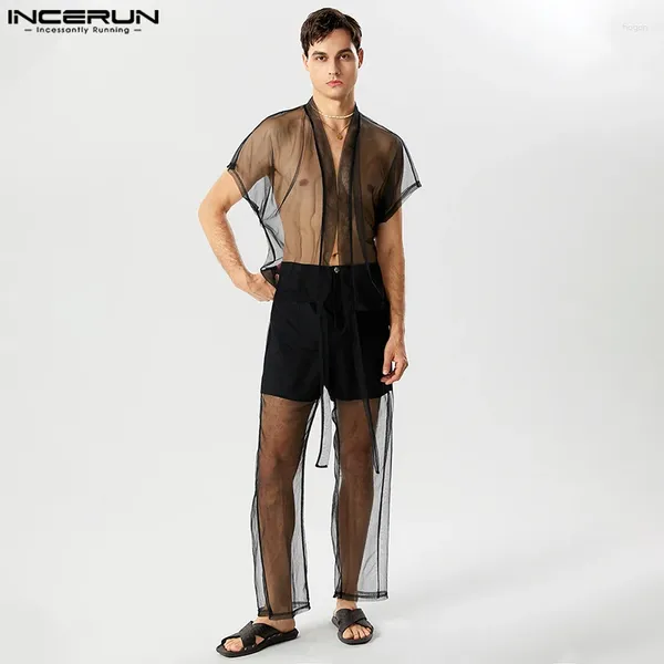 Survêtements pour hommes Incerun 2023 Style américain Casual Sexy Ensembles à manches courtes Cardigan Long Pantalon Mode Mâle Mince Mesh Deux pièces S-5XL