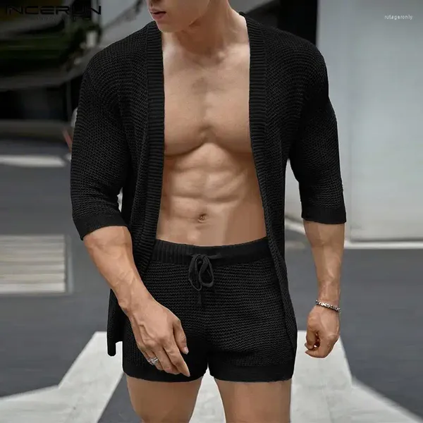 Chándales para hombres INCERUN 2023 Estilo de Corea Conjuntos sexy Manga media Cardigan Shorts Casual Streetwear Hollow Sólido Masculino Dos piezas S-5XL