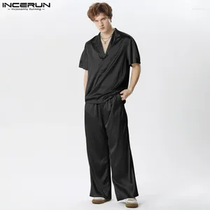 Tracksuits voor heren Incerun 2024 Amerikaanse stijl Men stelt solide satijnen shirts met korte mouwen broeken casual mannelijke all-match eenvoudige pak 2 stuks