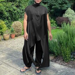 Parcours masculins Incerun 2024 Mesulmans musulmane Mens sets Irréguleux Half High Collar Satin Robe Long Pantal
