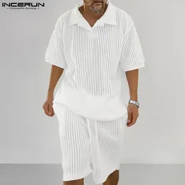 Pistas para hombres Incerun Men Sets Striped Transparent Lapel Camisa de manga corta Shorts Drawstring 2pcs Streetwear 2024 Summer Trajes casuales