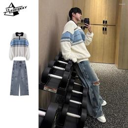 Trainingspakken voor heren INS High Street Set Heren Dames Vintage Patchwork Gestreept Polohals Trui Hiphop Gat Losse jeans met wijde pijpen Tweedelig