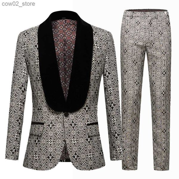 Costumes pour hommes Jacquard Groomsmen Blanc Groom Tuxedos Châle Revers Hommes Costumes Mariage Bal Meilleur Homme Blazer Veste avec Pantalon Ensemble Col Noir Q230103