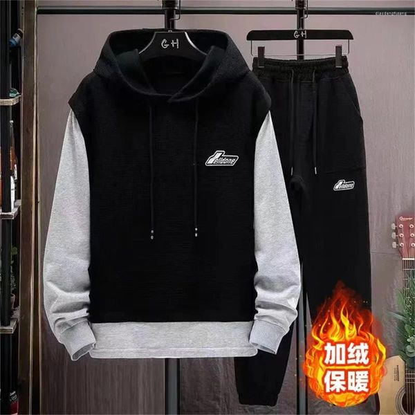 Survêtements pour hommes Japon Corée Sports Waffle Set Automne Hiver Casual Mode Polaire Peluche Épais Sweat À Capuche Trancksuit Deux Pièces Costume