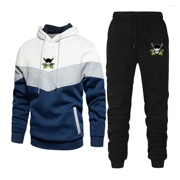 Survêtements pour hommes Japonais Anime Zoro Printemps Automne Hommes Casual Patchwork Sweat à capuche et pantalon Couleur Couture Male Sportswear Deux pièces Ensemble