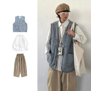 Survêtements pour hommes japonais Cityboy Casual Set Retro Washed Loose Denim Vest Hommes Tendance Col V Denium Poches Manteau Workwear Veste Printemps
