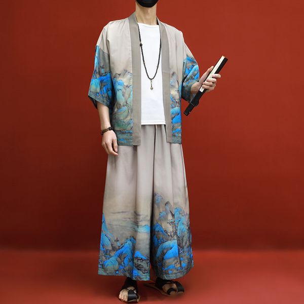 Costumes pour hommes Japonais Kimono Cardigan Pantalons Ensembles Hommes Femmes Yukata Haori Traditionnel Kimonos Harajuku Tang Costume Coaplay Costume Plus Taille 5XL 230823