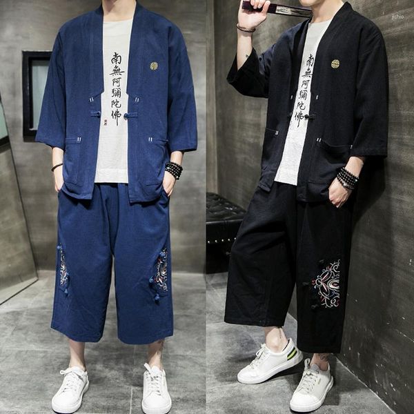 Survêtements pour hommes Kimono japonais Costume de samouraï brodé Yukata veste short ensemble chinois Harajuku Style haut pantalon