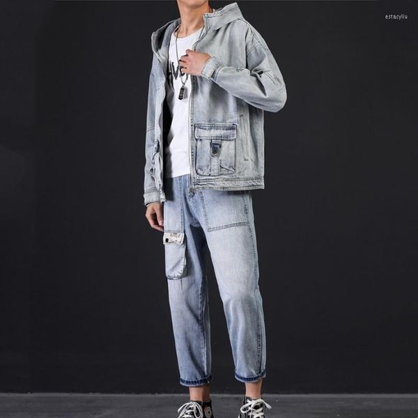 Survêtements pour hommes Style japonais Harajuku Multi-Poches Cargo Jacket Pantalon Denim Deux Pièces Ensemble Hommes Hip Hop Vestes À Capuche Harem Jeans Casual