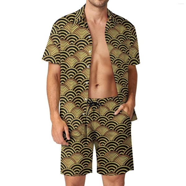 Chándales para hombres Ola japonesa Conjuntos para hombres Gold Seigaiha Camisa casual Conjunto Estético Ropa de playa Pantalones cortos Diseño de verano Traje Ropa de dos piezas Plus