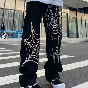 Heren tracksuits jeans highd Koreaanse versie los rechte wide been spider broek printing high street long pants heren streetwear 221122