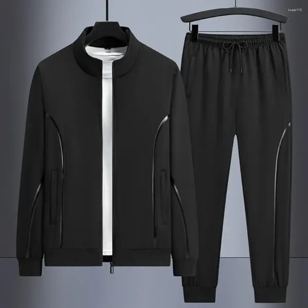 Chándales para hombres Traje de jogging Chándal de invierno con cuello alto Cierre de cremallera Abrigo Pantalones de chándal con cordón Color sólido elegante para otoño